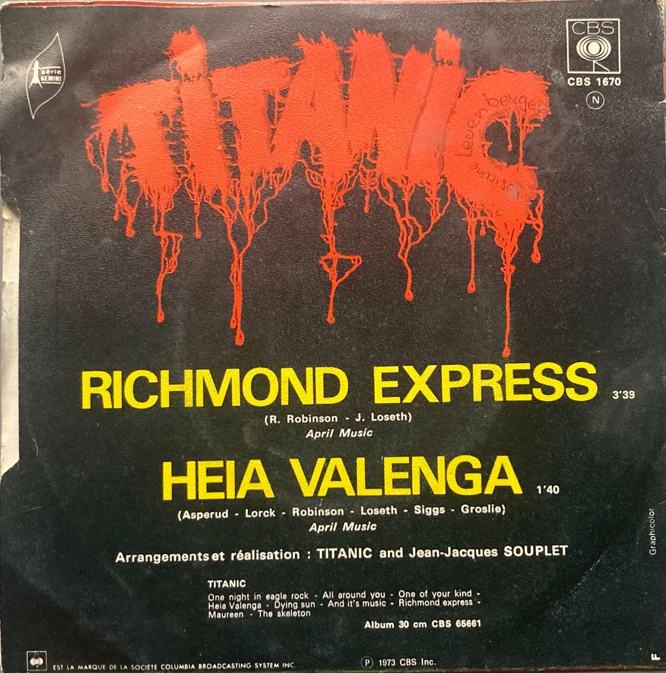 Vinyles: TITANIC - RICHMOND EXPRESS / HEIA VALENGA – D'occasion à Poliez-Pittet par Newtown-Records 1