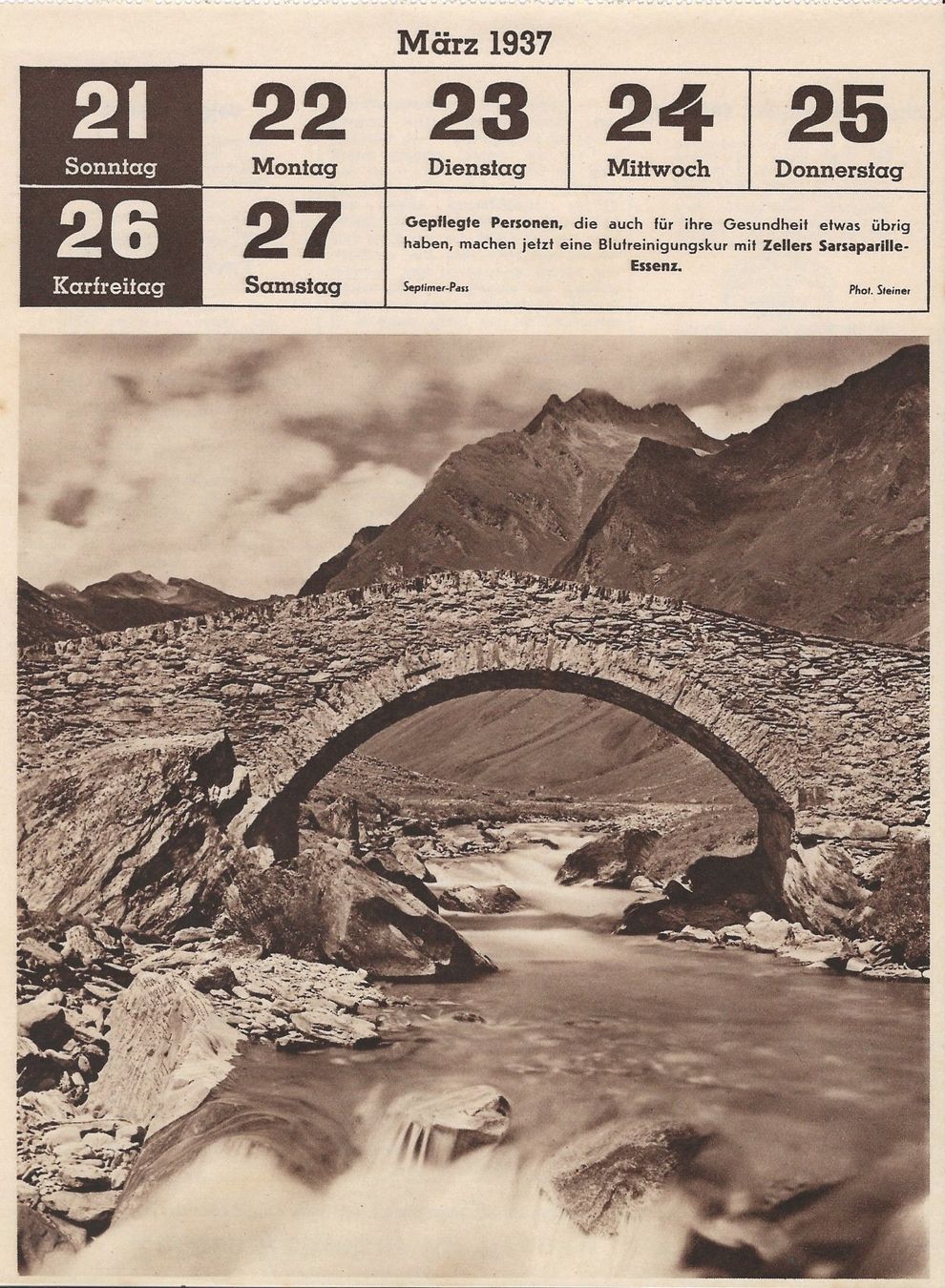 Poster & Bilder: Vintage Albert Steiner, Septimer-Pass, 1937, Kalenderblatt – Gebraucht aus Frauenfeld von Merk52 1