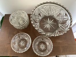 Diamanten Schnitt Glas Dessert Set mit versilbertem Rand