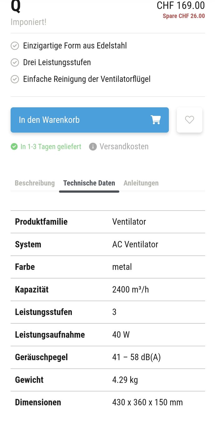 Stadler Form Luftreiniger: Stadler Form Ventilator Q aus Edelstahl – Gebraucht aus Cham von  2