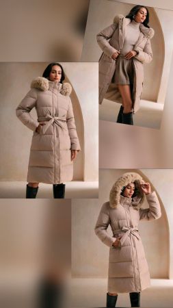 ✨ Winter-Mantel mit Kunstfell-Kapuze - M - Beige/Nude