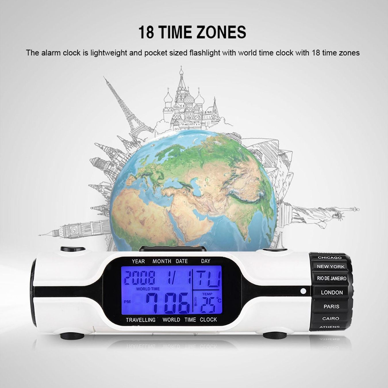 Sveglie: Flashlight LED Digital World Time Travel Alarm Clock Thermo – Nuovo e nell'imballaggio originale da Genève venduto da Murmurs 4