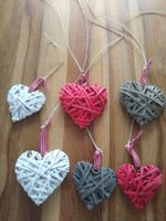 6 Wicker Hearts Decoration Set, White, Red, Brown Colour
