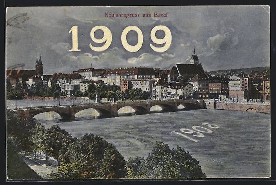 Cartoline postali: AK Basel, Uferpartie, Neujahrsgruss 1909 – Usato da Berlin venduto da bartko-reher