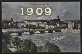 AK Basel, Uferpartie, Neujahrsgruss 1909