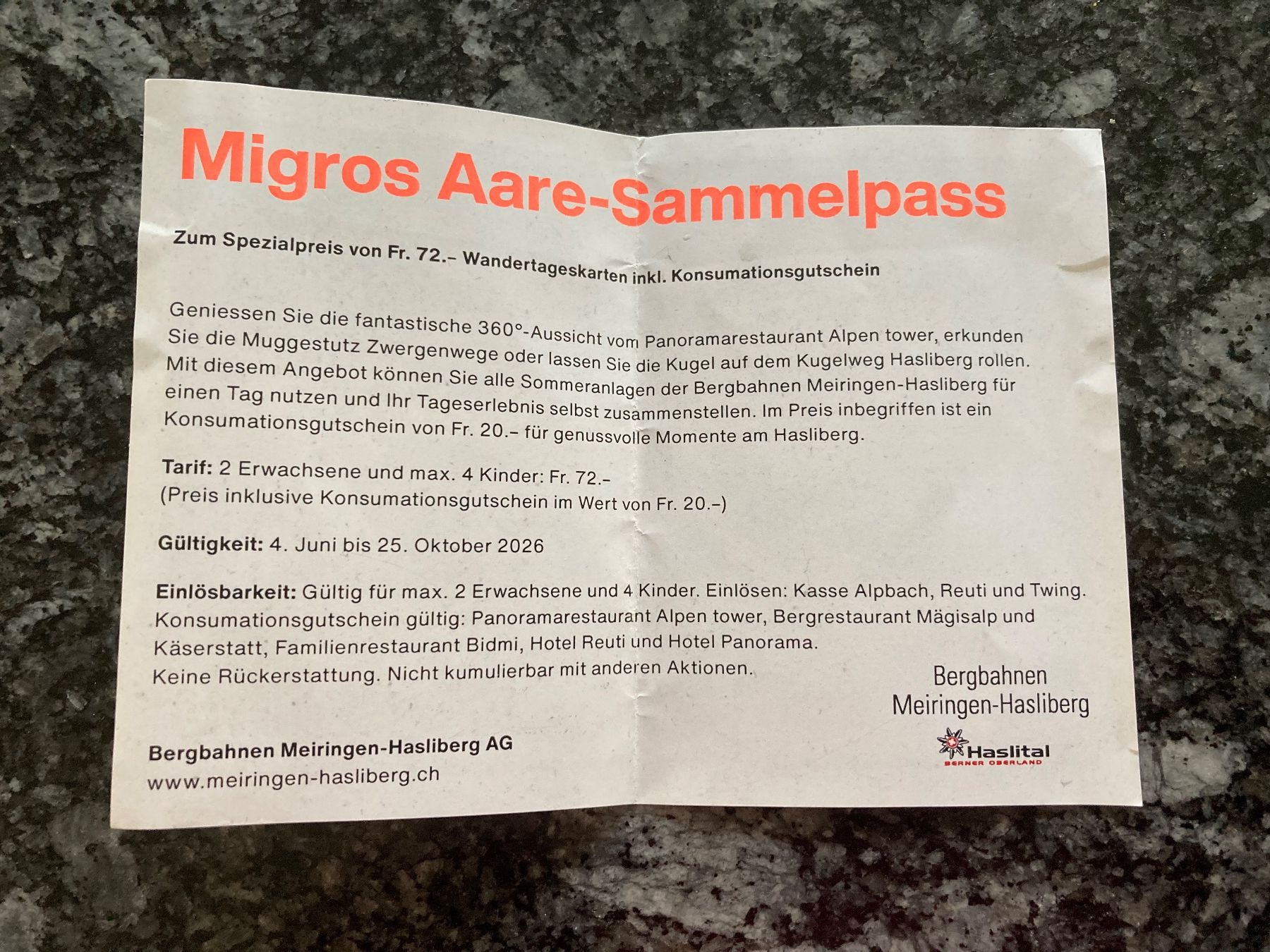 Gutscheine: Gutschein Bergbahnen Meiringen Hasliberg – Neu (gemäss Beschreibung) aus Egliswil von Anitajo