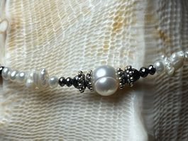 Collier 6 ct schwarze Diamanten, echte Perlen, 925 Silber
