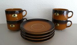 Rössler 4 Tassen 8.5 cm + Unterteller, goldbraun/braun / NEU