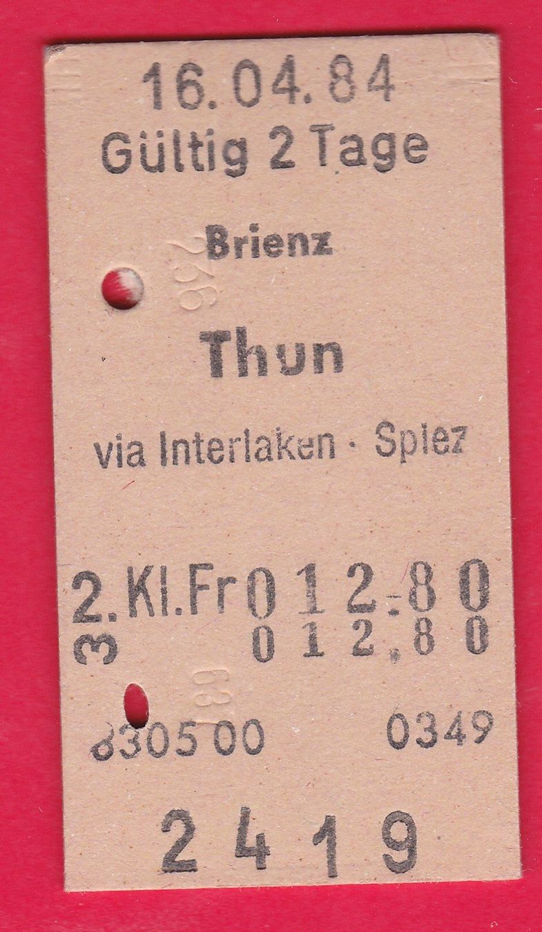 Tickets: KARTON BILLETT, BRIENZ - THUN, 2.KLASSE, EINFACH – Gebraucht aus Oberrieden von Gebirgsstelze