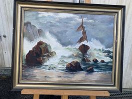 Ölgemälde "Boot im Sturm", signiert R. Emanet, vintage