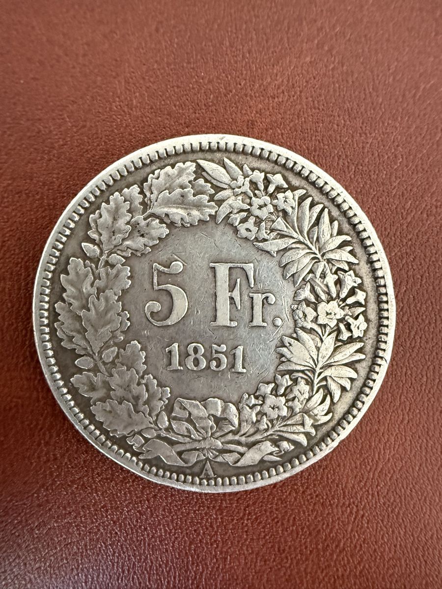 Alle Münzen:  5 Fr. Helvetia 1851 – Gebraucht aus Malters von Niky.c 1