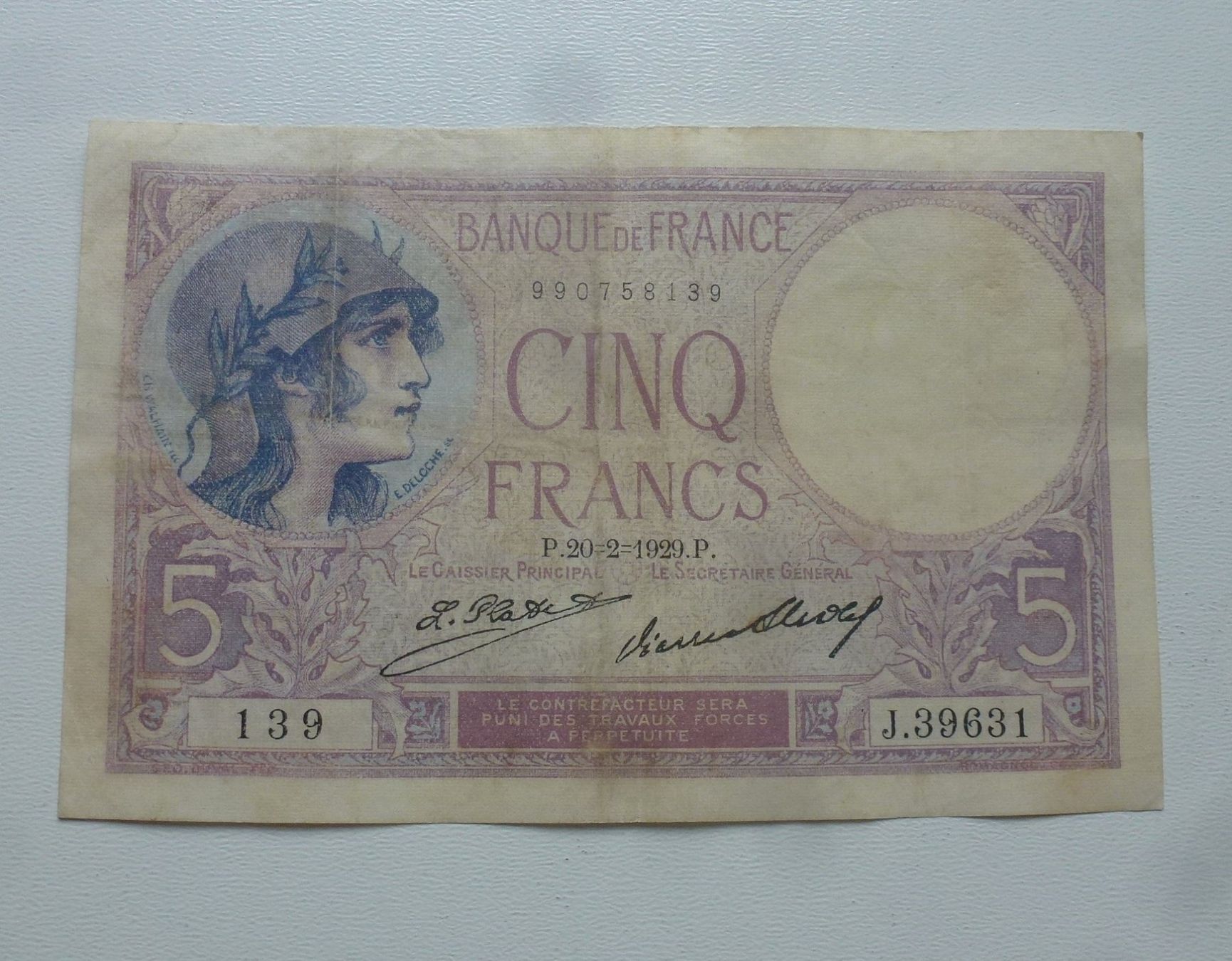 Billets de banque: Frankreich ++ 5 Francs - 20.02.1929 – D'occasion à Walkringen par Casablanca777