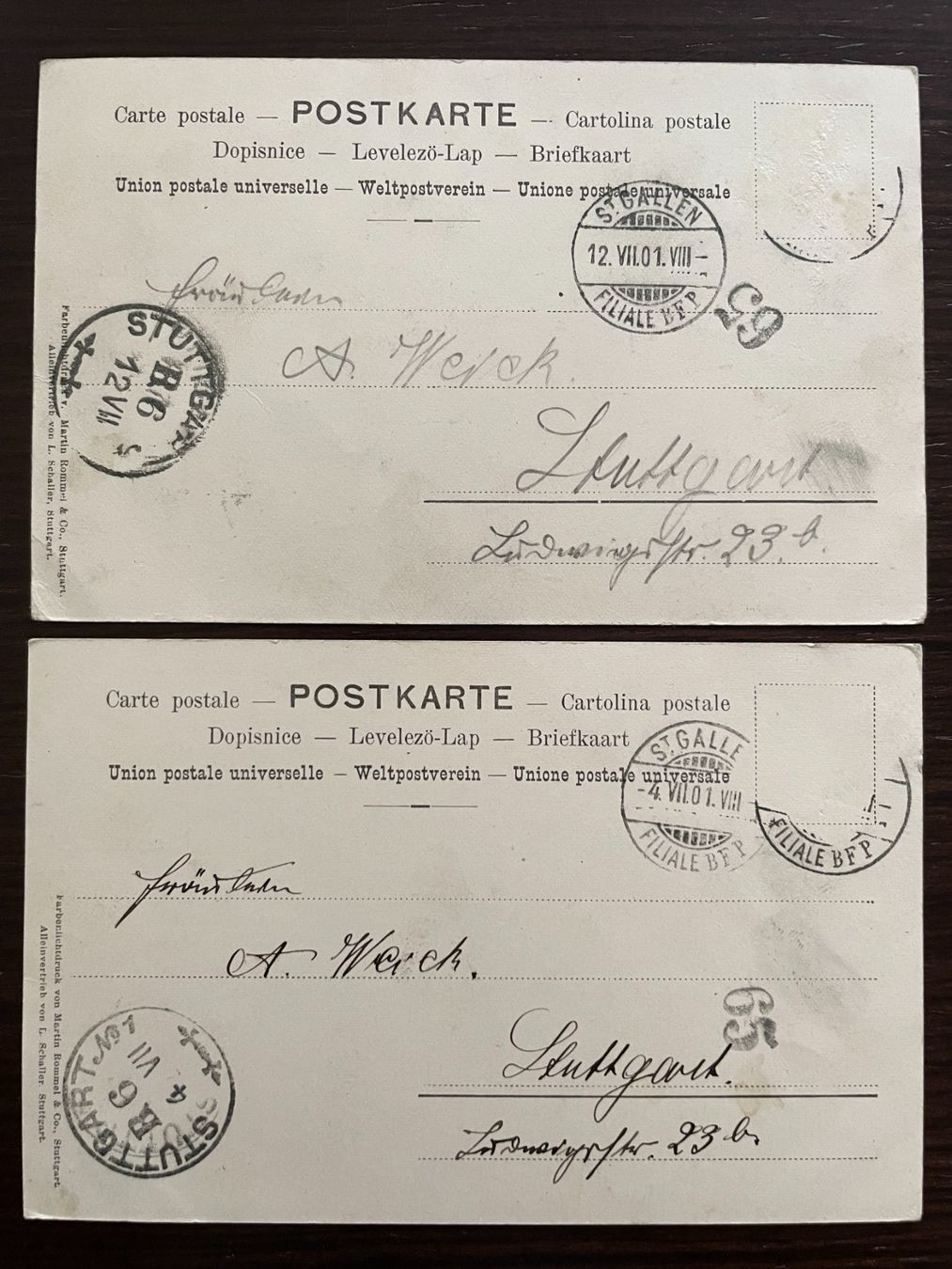 Cartoline postali: ST. GALLEN 2 Ansichtskarten, Jugendstil, Alpenblumen, 1901 – Usato da Wald ZH venduto da TLILEF 1