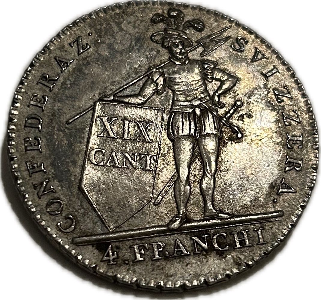 Tutti le monete: Abzeichen, 4 Franchi 1814 Ticino – Usato da Breganzona venduto da Milesbo