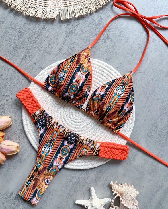 Costumi da bagno & Bikini: Orangefarbener Badeanzug mit Aztekenmuster 2025 S M L – Nuovo e nell'imballaggio originale da Lausanne venduto da MONO-SELECTION
