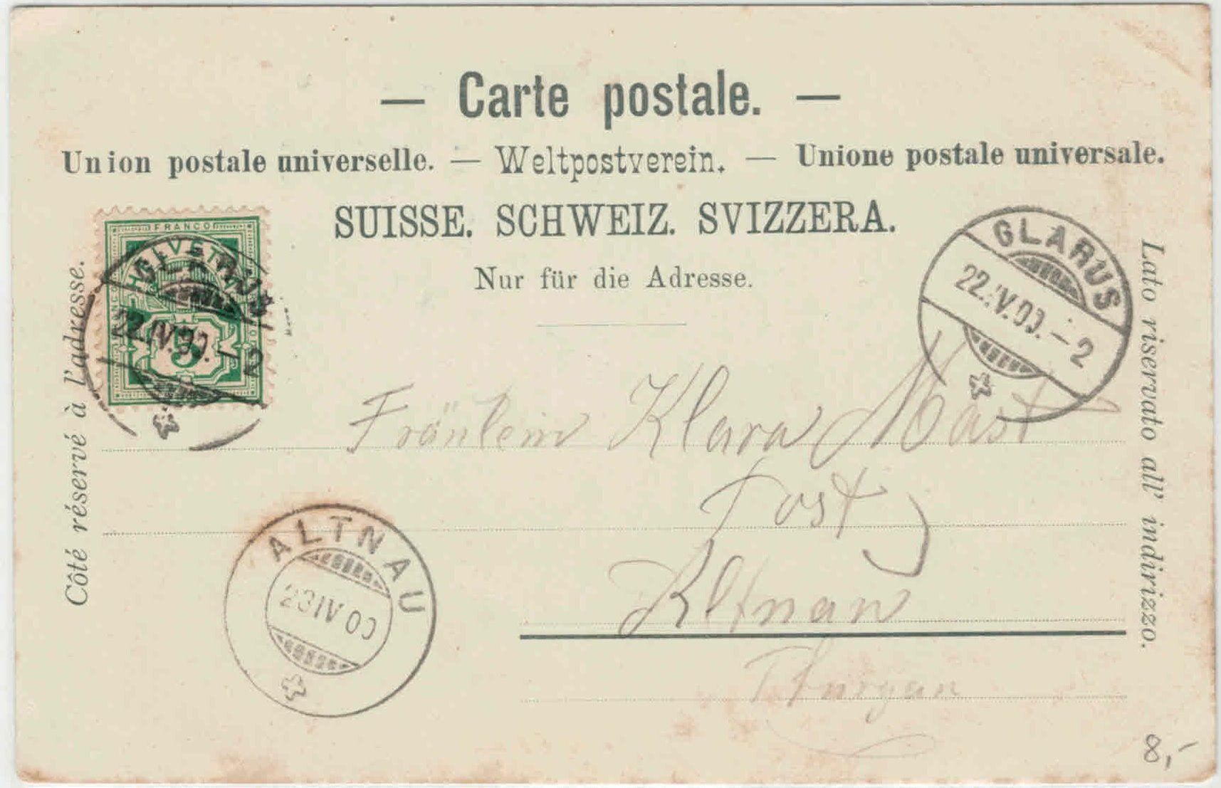 Cartoline postali: GL 10 Glarus Stadtkirche 1900 – Usato da Fribourg venduto da philafri 1