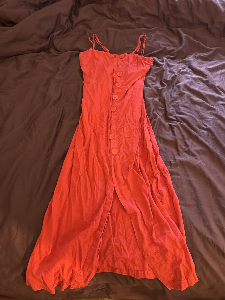 Vestiti: Summer Maxi Dress Red Linen Button Front Spaghetti Straps S – Usato da lörrach venduto da TyraTroll