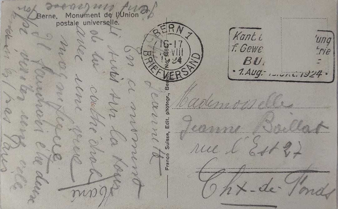 Cartoline postali: BERN - Weltpostdenkmal / Monument Union postale uni. 1924 – Usato da Delémont venduto da Domdom1 1