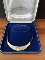 Silber-Halsschmuck, Halskette mit Leder und Gold 80-er Jahre
