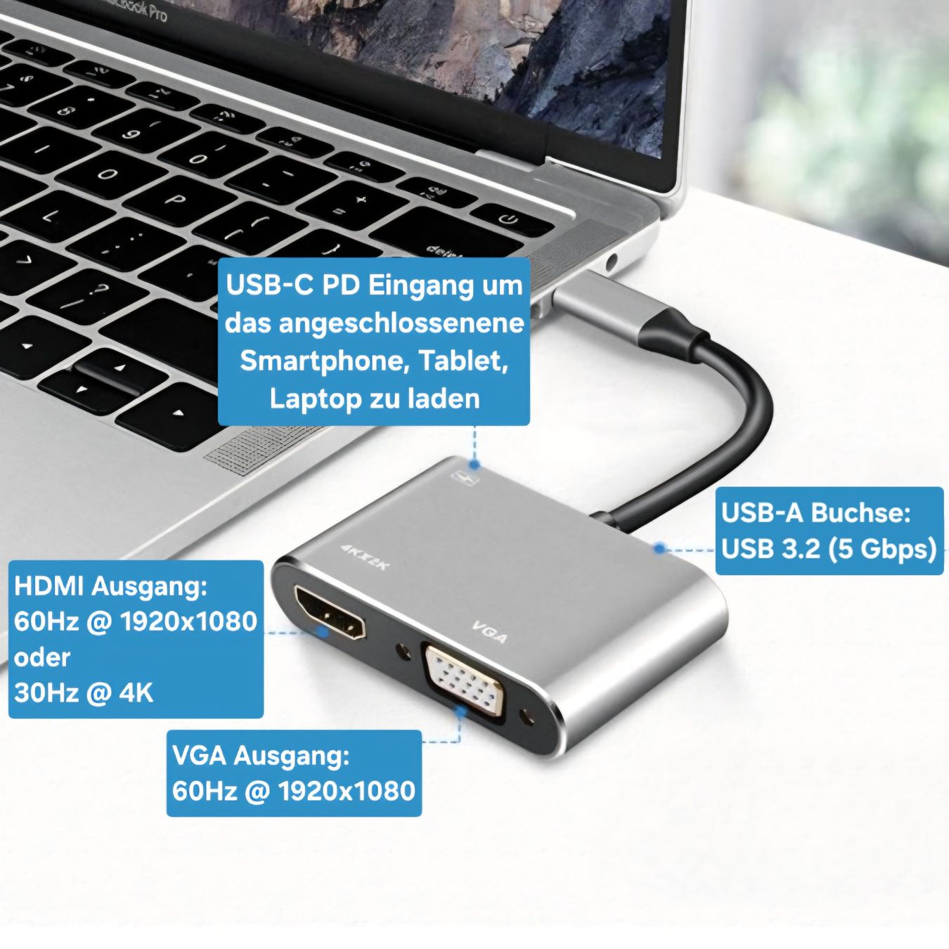 Kabel: USB-C Dongle mit VGA + HDMI + USB-C + USB-A / USB 3.2 – Neu und originalverpackt aus Uster von -FPS- 1