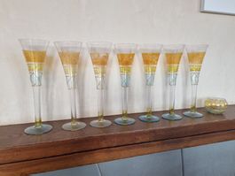 7 flûte à champagne + bol décoratif, jaune orange, 25 cm.