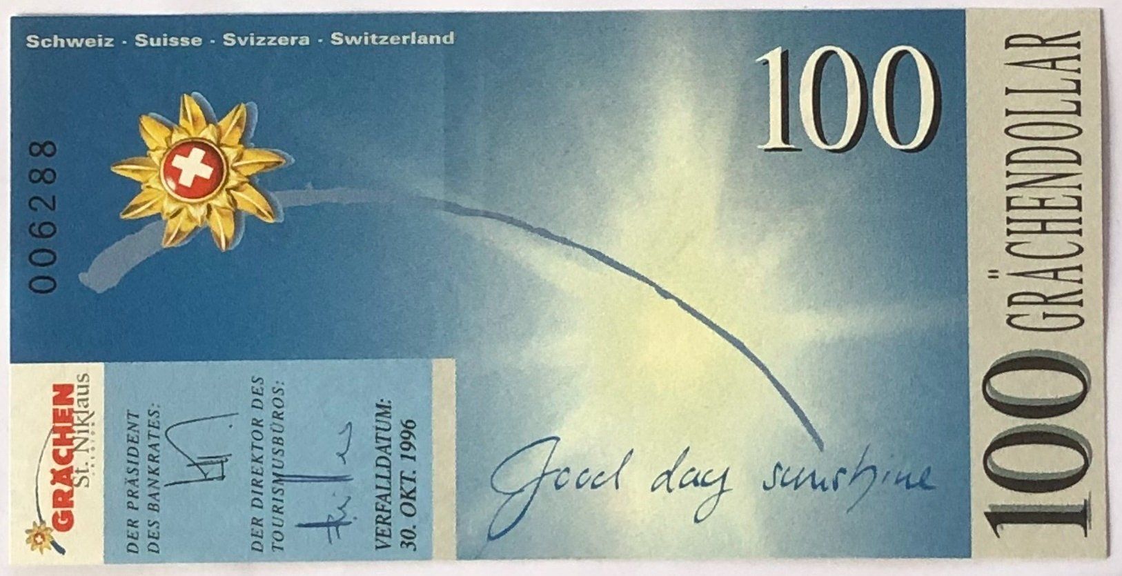 Banconote: Grächendollar 100 Franken-Note 1996 – Nuovo (secondo la descrizione) da Ganterschwil venduto da ganterb 1