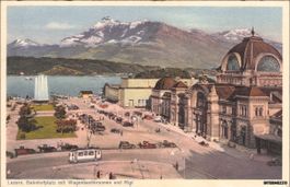 Luzern // Tram Bahnhofplatz 1938 Wagenbachbrunnen Rigi