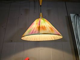 Vintage 1980 Hängelampe mit Holz Elementen und Stoffschirm