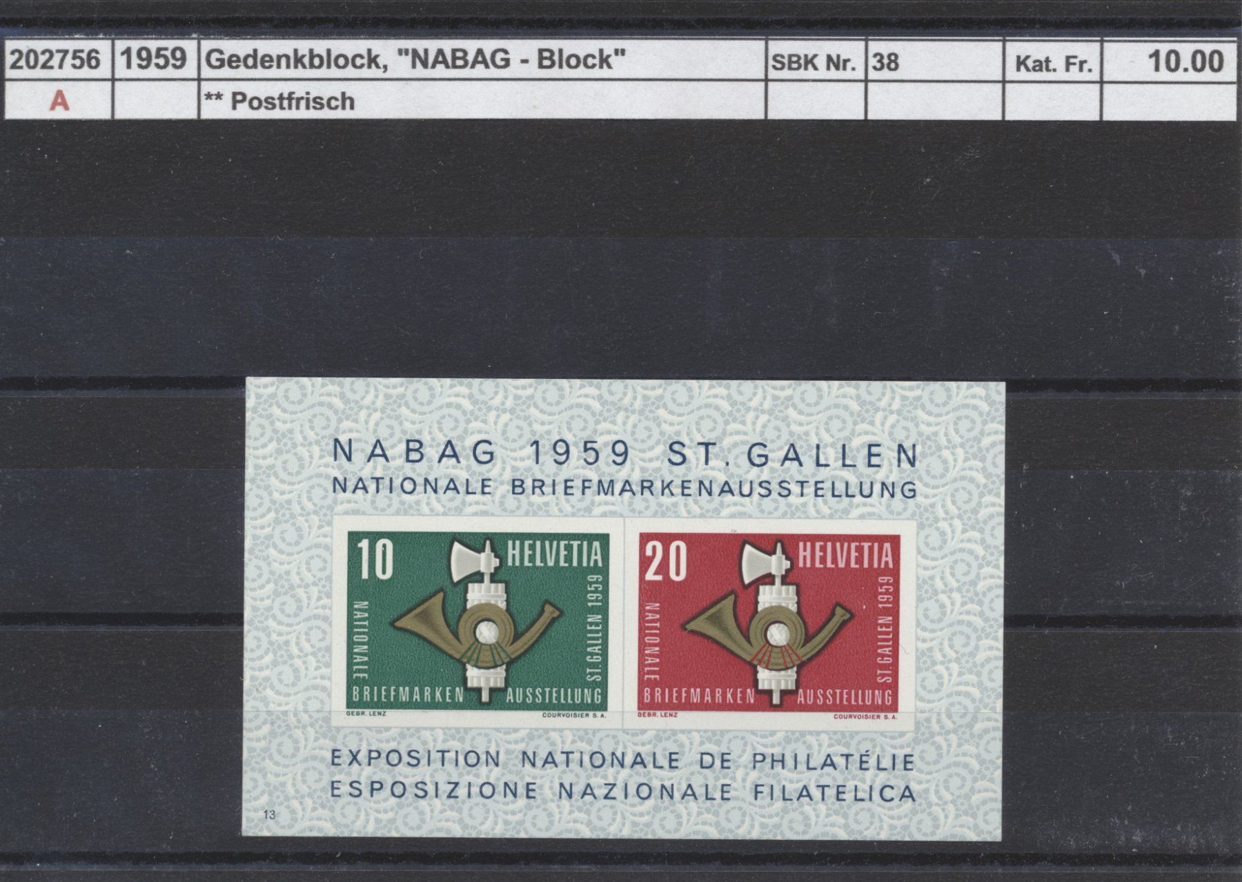 Tutti i francobolli: 1959 Gedenkblock, "NABAG - St. Gallen", ** postfrisch – Nuovo (secondo la descrizione) da Winterthur venduto da Zupogeru