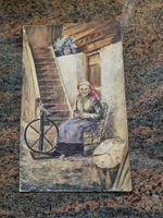 Alte Original Aquarell Bäuerin am Spinnrad signiert!