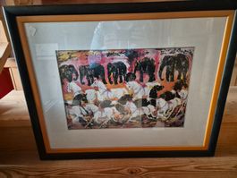 Originales Bild mit Elefanten und Pferden im Rahmen