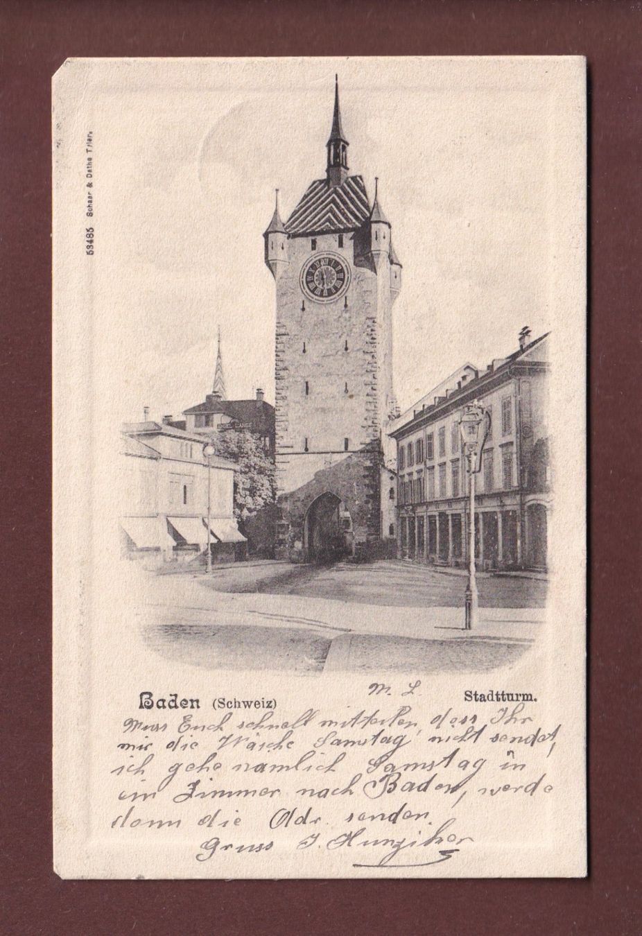Cartoline postali: BADEN - Stadtturm - 1905 – Usato da Pully venduto da nicecards