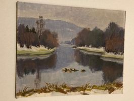 Paul Eberle 1953 (1897-1968) Landschaftsgemälde Fluss, Bäume