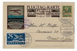 1924 Flugtagkarte Solothurn-Grenchen 40c nach Basel gelaufen