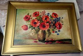 Wunderschönes Bild Blumen Mohnblumen Alter Rahmen