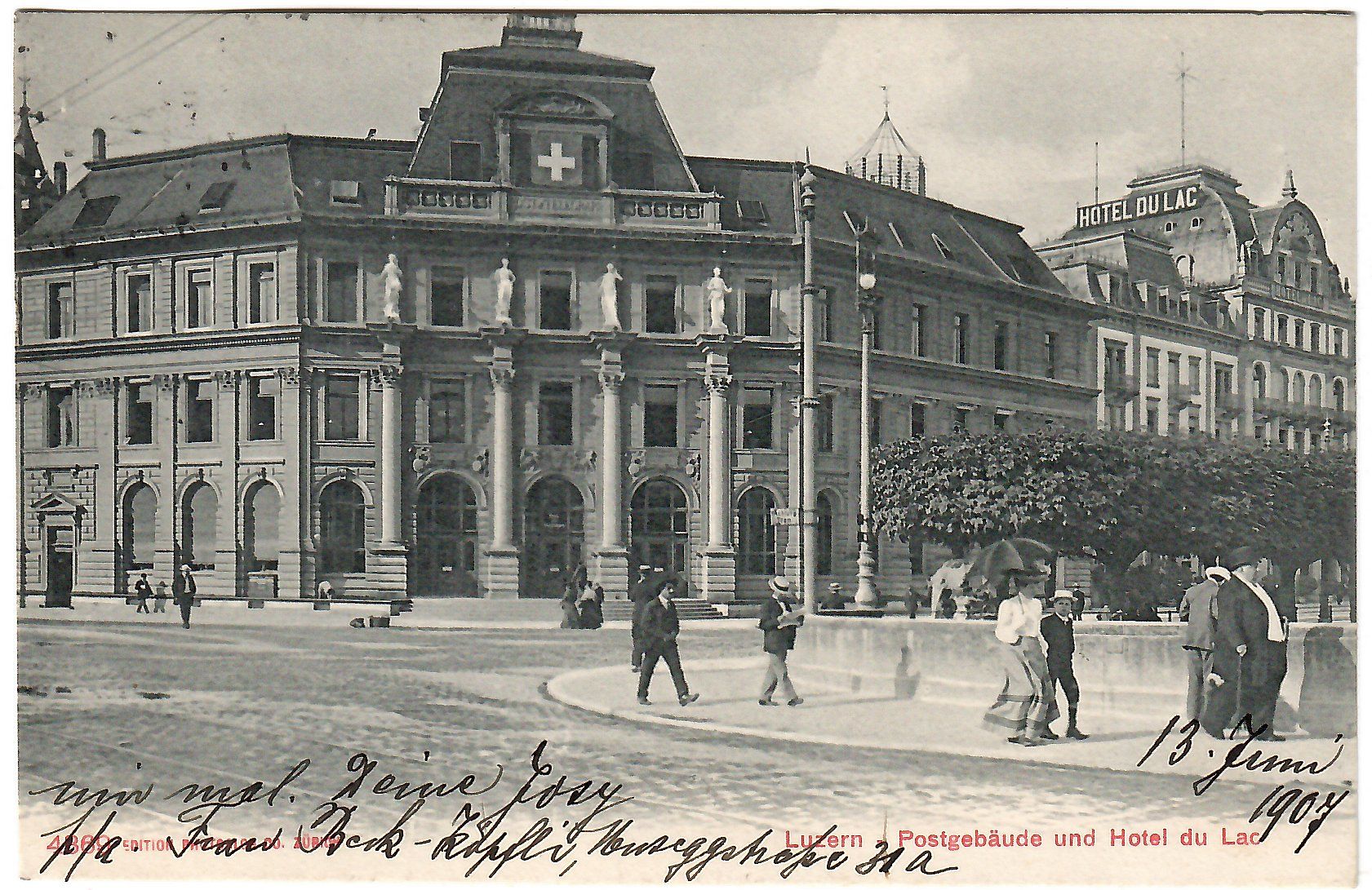 Cartoline postali: Ansichtskarte  Luzern, Postgebäude und Hotel du Lac – Usato da Kerns venduto da etma3