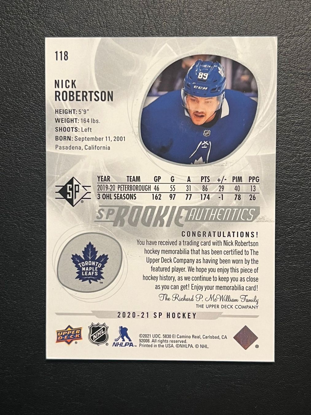 NHL Carte collezionabili: Nick Robertson 2020 Rookie Jersey Toronto Maple Leafs – Nuovo (secondo la descrizione) da Möhlin venduto da SwissHockeyCards 1