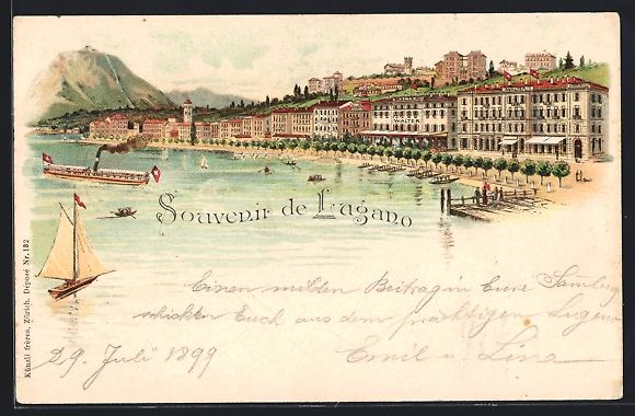 Cartoline postali: Litho Lugano, Partie der Promenade, Damp – Usato da Berlin venduto da bartko-reher