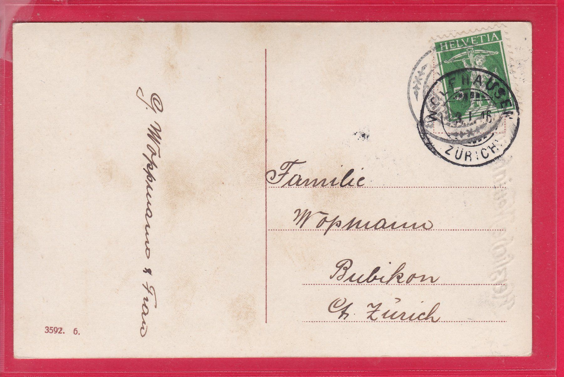 Ansichtskarten: HERZLICHE NEUJAHRSGRÜSSE, 3.1.1916 – Gebraucht aus Oberrieden von Gebirgsstelze 1