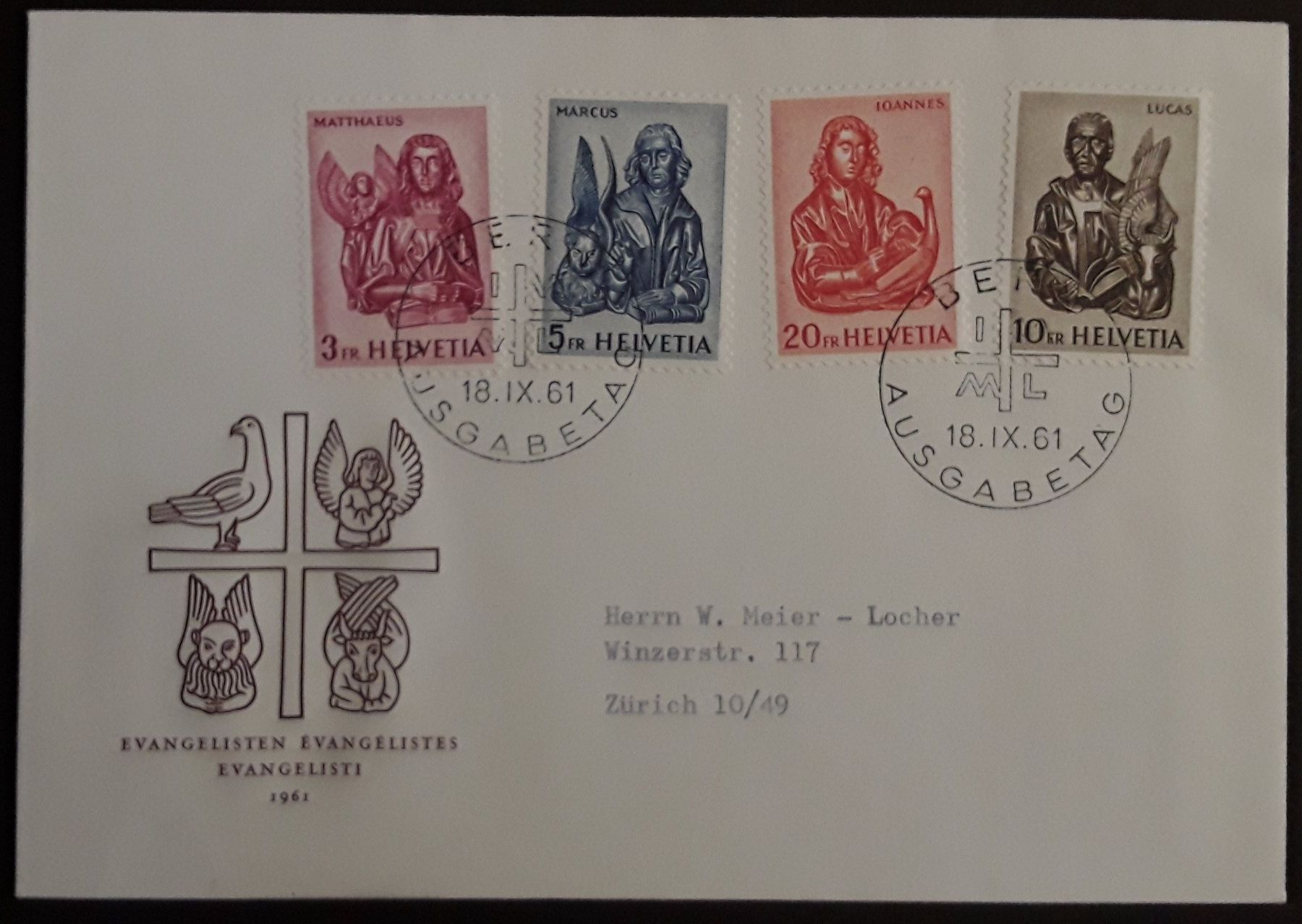 Alle Briefmarken: 1961: FDC Evangelisten381-384 – Gebraucht aus Walperswil von Tcheidi