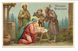 Gesegnete Weihnachten - Jesuskind Krippe Maria - Präge-Litho