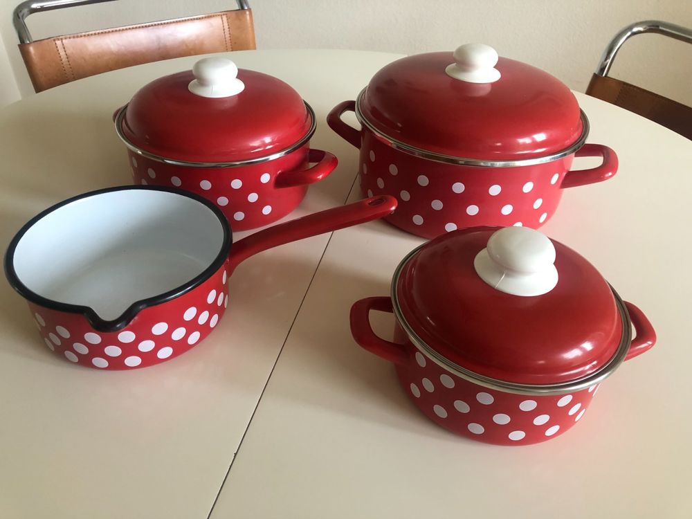 GSW Kochtopf-Set Pünktchen 7-teilig - Stahl-Emaille Töpfe Für Induktion In Blau-Weiß