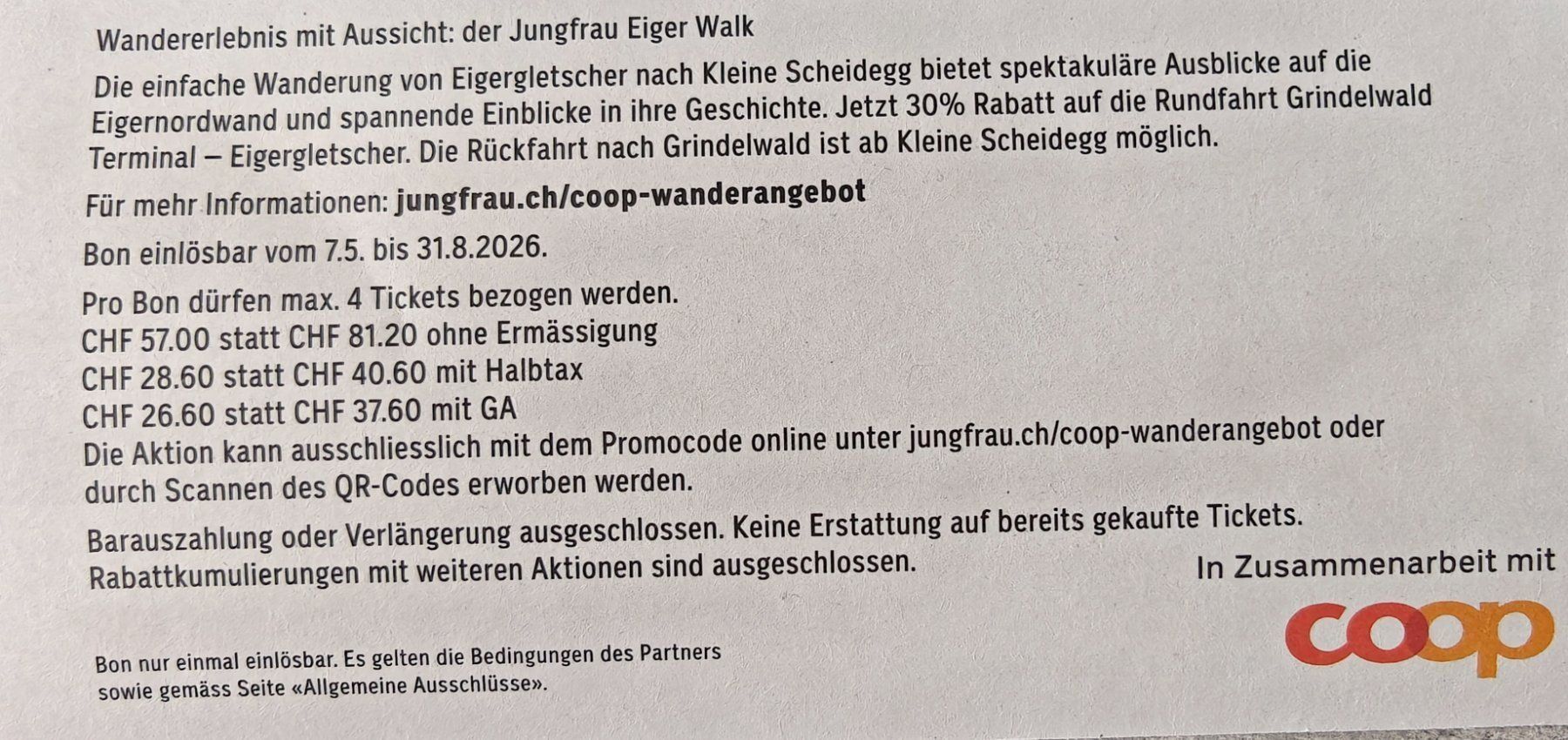 Buoni: Jungfrau - 30% Rabatt Eiger Gletscher, Kleine Scheidegg – Nuovo (secondo la descrizione) da Brunnadern venduto da lesezirkel 1