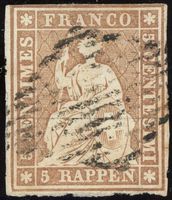 1855: 5 Rp. Strubel braun, 1. Berner Druck, SBK Nr. 22B1