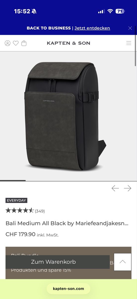Kapten & Son Zaini: Kapten & Son Bali Medium Rucksack All Black – Usato da Zürich venduto da badaha 1