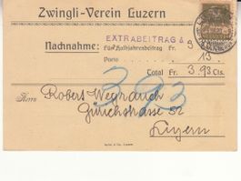 SBK 139 auf Nachnahme-Karte Zwingli-Verein Luzern 1920