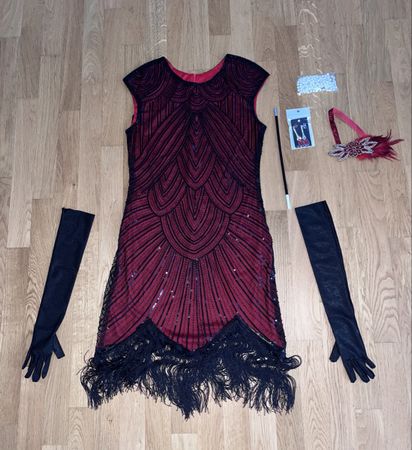 20er Jahre Vintage Gatsby Kleid inkl. Flapper Set Rubin