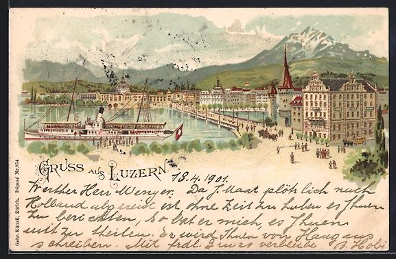Cartoline postali: Litho Luzern, Hotel Schwanen mit Dampfer – Usato da Berlin venduto da bartko-reher