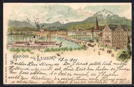 Litho Luzern, Hotel Schwanen mit Dampfer