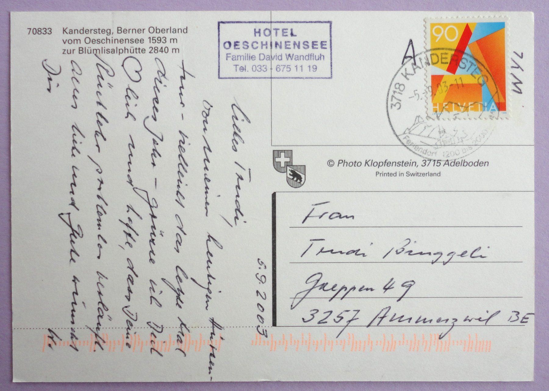 Cartoline postali: Kandersteg, B.O., Blümlisalphütte – Usato da Fétigny venduto da Billy2miny 1